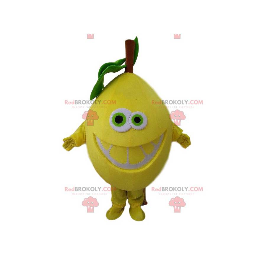 Riesiges gelbes Zitronenkostüm-Maskottchen. Lächelndes Riesiges gelbes Zitronenkostüm-Maskottchen. Lächelndes
