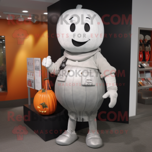 Silver Pumpkin mascot costume character dressed with a Pencil Skirt and Wallets