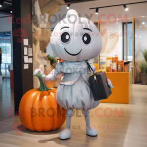 Silver Pumpkin mascot costume character dressed with a Pencil Skirt and Wallets