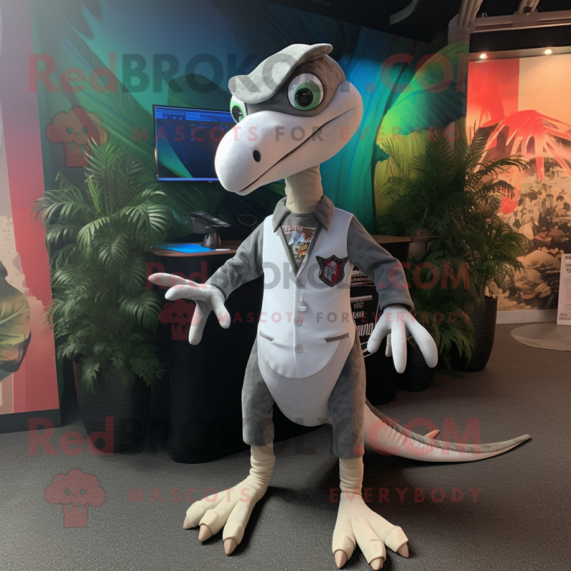 Silver Dimorphodon mascot costume character dressed with a Capri Pants and Lapel pins