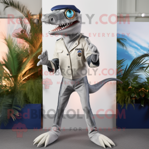 Silver Dimorphodon mascot costume character dressed with a Capri Pants and Lapel pins