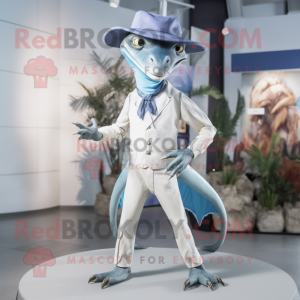 Silver Dimorphodon mascot costume character dressed with a Capri Pants and Lapel pins