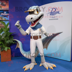 Silver Dimorphodon mascot costume character dressed with a Capri Pants and Lapel pins
