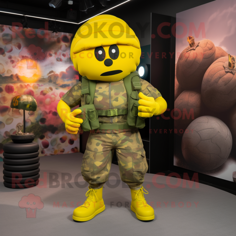 Yellow Grenade mascot costume character dressed with a Joggers and Shoe laces