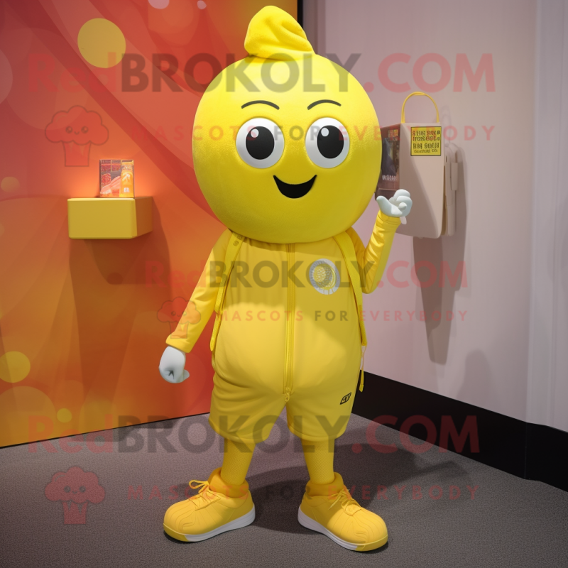 Yellow Grenade mascot costume character dressed with a Joggers and Shoe laces Yellow Grenade mascot costume character dressed with a Joggers and Shoe laces