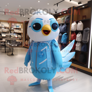 Sky Blue Dove mascot costume character dressed with a One-Piece Swimsuit and Backpacks