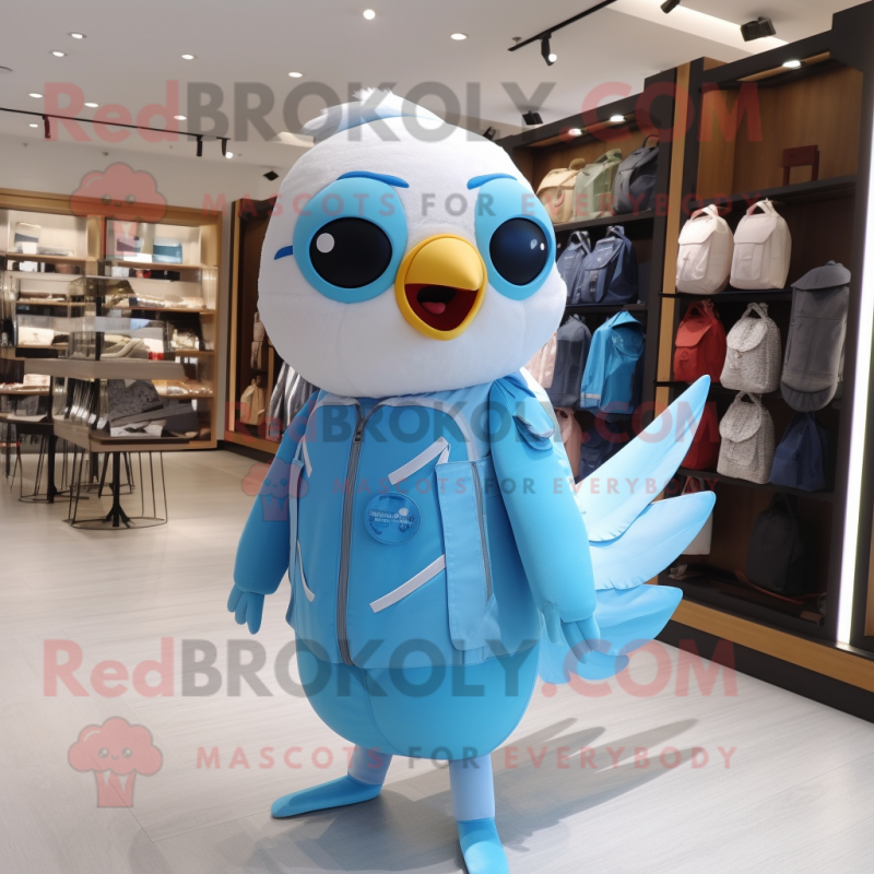 Sky Blue Dove mascot costume character dressed with a One-Piece Swimsuit and Backpacks Sky Blue Dove mascot costume character dressed with a One-Piece Swimsuit and Backpacks