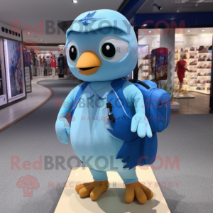 Sky Blue Dove mascot costume character dressed with a One-Piece Swimsuit and Backpacks