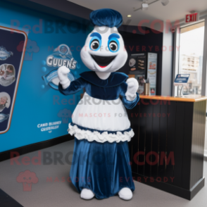 Blue Guinness mascot costume character dressed with a Wedding Dress and Cummerbunds