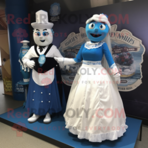 Blue Guinness mascot costume character dressed with a Wedding Dress and Cummerbunds