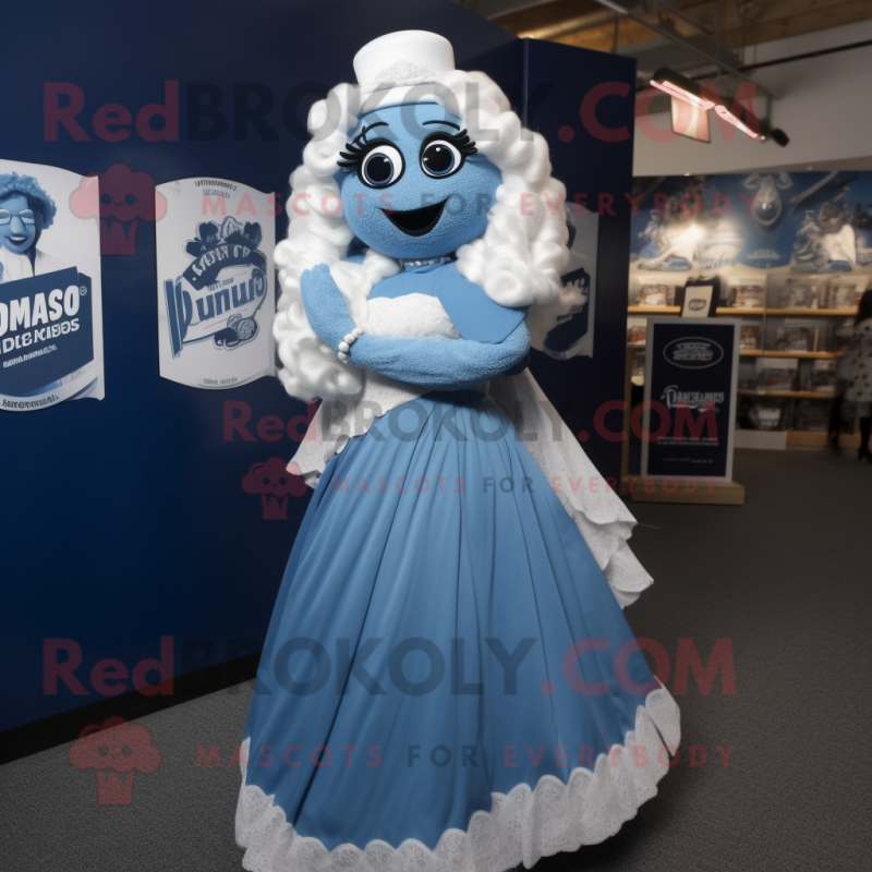 Blue Guinness mascot costume character dressed with a Wedding Dress and Cummerbunds Blue Guinness mascot costume character dressed with a Wedding Dress and Cummerbunds