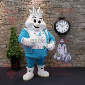 White Irish Castle mascot costume character dressed with a Boyfriend Jeans and Digital watches