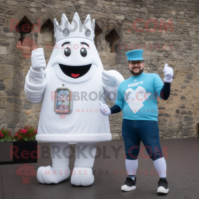 White Irish Castle mascot costume character dressed with a Boyfriend Jeans and Digital watches