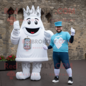 White Irish Castle mascot costume character dressed with a Boyfriend Jeans and Digital watches