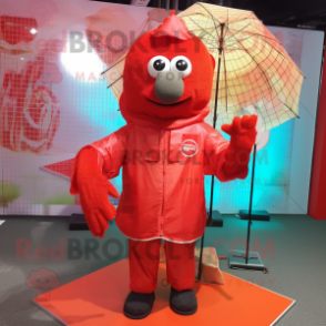 Red Volleyball Net mascot costume character dressed with a Raincoat and Clutch bags