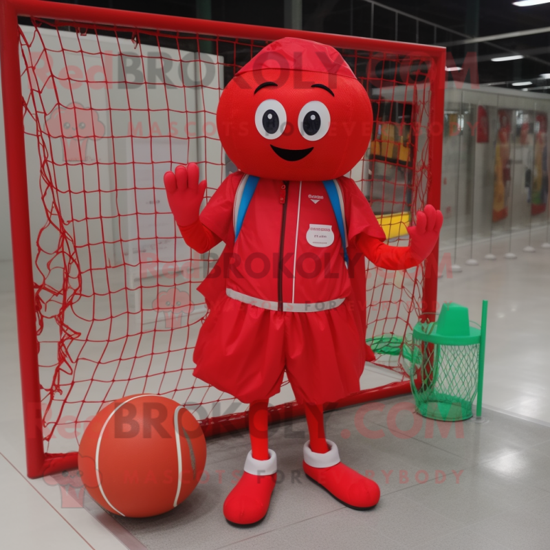Red Volleyball Net mascot costume character dressed with a Raincoat and Clutch bags Red Volleyball Net mascot costume character dressed with a Raincoat and Clutch bags
