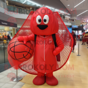 Red Volleyball Net mascot costume character dressed with a Raincoat and Clutch bags