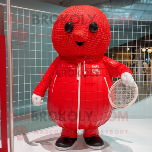 Red Volleyball Net mascot costume character dressed with a Raincoat and Clutch bags