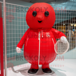 Red Volleyball Net mascot costume character dressed with a Raincoat and Clutch bags