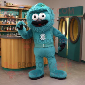 Teal Green Beer mascot costume character dressed with a Jumpsuit and Shoe clips