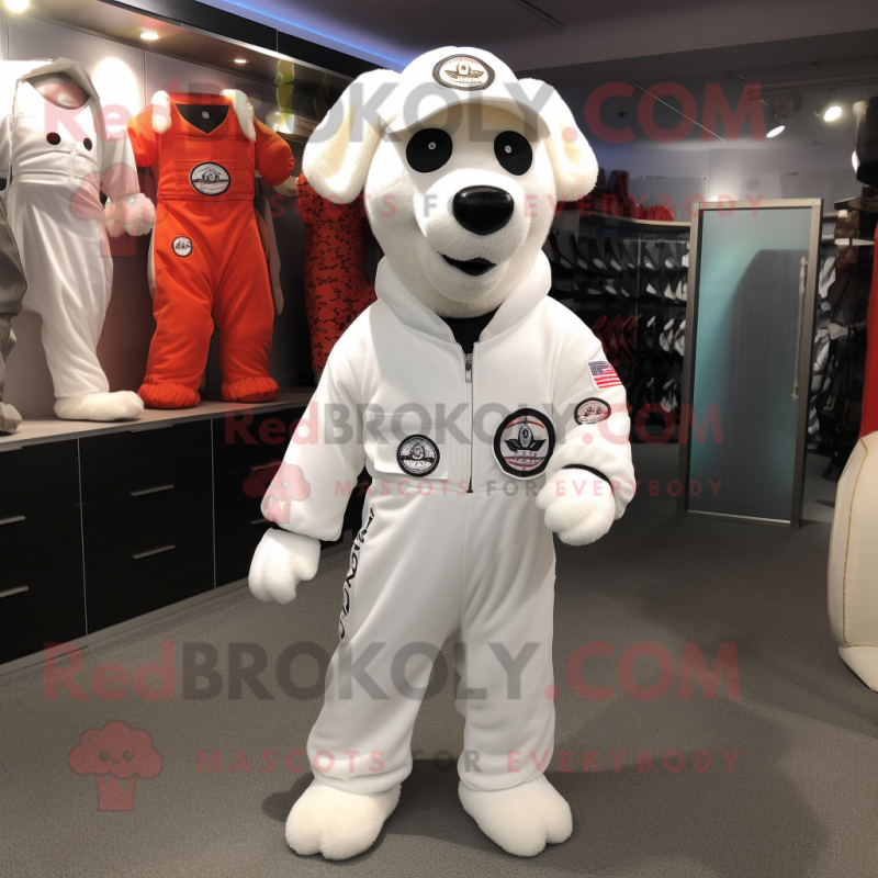 White Dog mascot costume character dressed with a Jumpsuit and Keychains