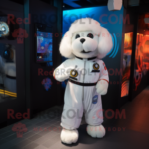 White Dog mascot costume character dressed with a Jumpsuit and Keychains