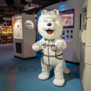 White Dog mascot costume character dressed with a Jumpsuit and Keychains