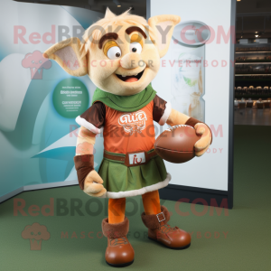 Rust Elf mascot costume character dressed with a Rugby Shirt and Coin purses
