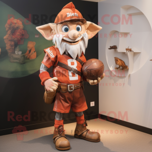 Rust Elf mascot costume character dressed with a Rugby Shirt and Coin purses