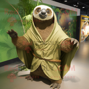 Olive Giant Sloth mascot costume character dressed with a Raincoat and Shawl pins