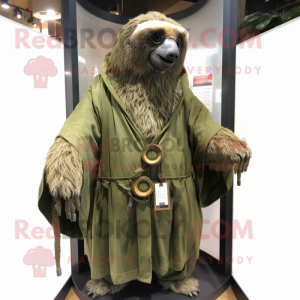 Olive Giant Sloth mascot costume character dressed with a Raincoat and Shawl pins