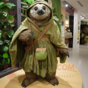 Olive Giant Sloth mascot costume character dressed with a Raincoat and Shawl pins