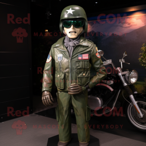 Forest Green American Soldier mascot costume character dressed with a Biker Jacket and Belts