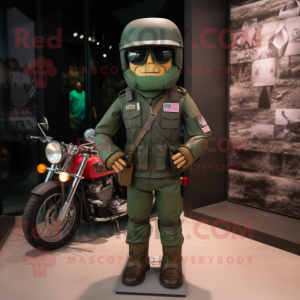 Forest Green American Soldier mascot costume character dressed with a Biker Jacket and Belts