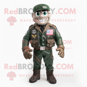 Forest Green American Soldier mascot costume character dressed with a Biker Jacket and Belts