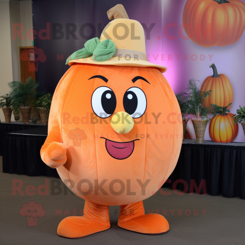 Peach Pumpkin mascot costume character dressed with a Long Sleeve Tee and Tie pins Peach Pumpkin mascot costume character dressed with a Long Sleeve Tee and Tie pins