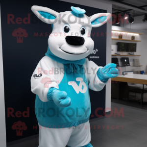 Cyan Cow mascot costume character dressed with a Sweatshirt and Headbands