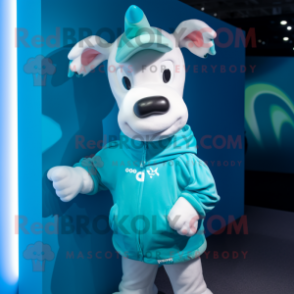 Cyan Cow mascot costume character dressed with a Sweatshirt and Headbands