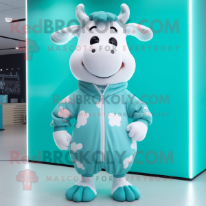 Cyan Cow mascot costume character dressed with a Sweatshirt and Headbands