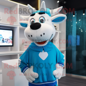 Cyan Cow mascot costume character dressed with a Sweatshirt and Headbands