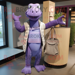 Lavender Python mascot costume character dressed with a Cardigan and Tote bags