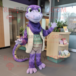 Lavender Python mascot costume character dressed with a Cardigan and Tote bags