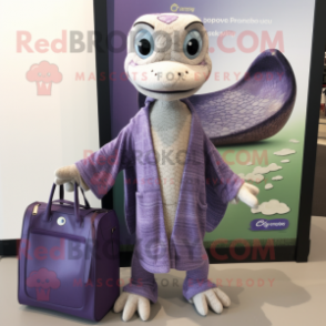 Lavender Python mascot costume character dressed with a Cardigan and Tote bags