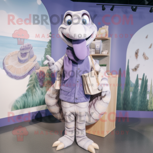 Lavender Python mascot costume character dressed with a Cardigan and Tote bags