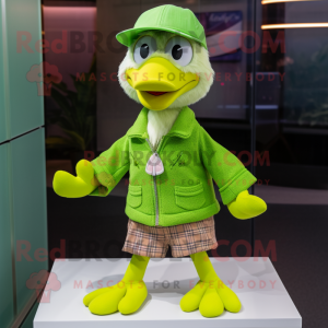 Lime Green Gosling mascot costume character dressed with a Poplin Shirt and Beanies
