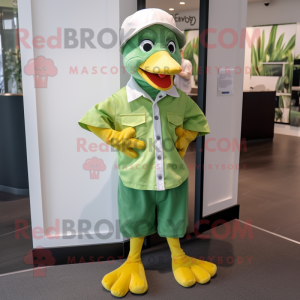 Lime Green Gosling mascot costume character dressed with a Poplin Shirt and Beanies