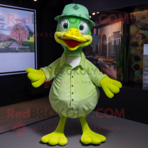 Lime Green Gosling mascot costume character dressed with a Poplin Shirt and Beanies