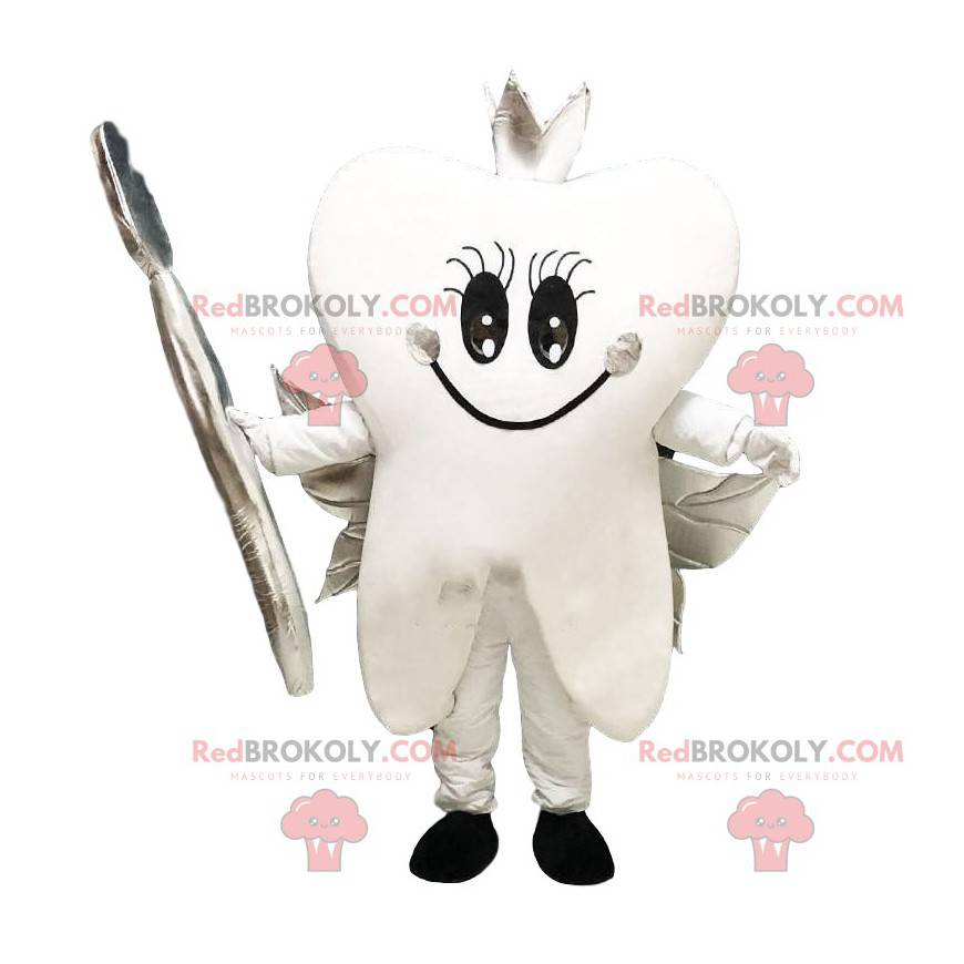 Mascote de dente branco. Fato de dente gigante, escova de