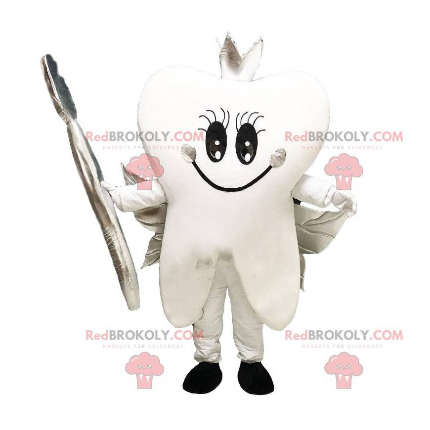 White tooth mascot. Giant tooth costume, toothbrush -