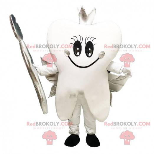 Mascotte del dente bianco. Costume da denti giganti, spazzolino